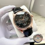 High Quality Replica IWC Black Genuine Leather Strap Black Face Dial Rose Gold Stainless Steel Case Watch 42mm
